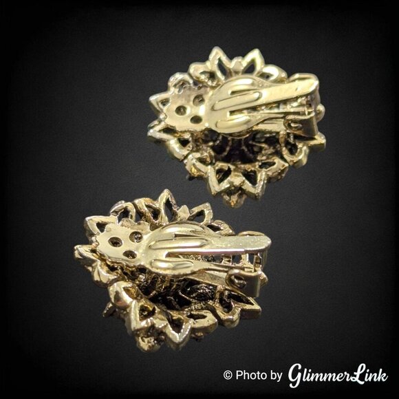 Vintage Floral Autumnal Orange Rhinestones Dome Gold Tone Clip On Earrings - Picture 6 of 9